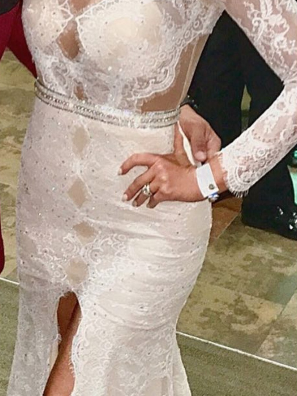 Sheer Lace Long-Sleeve Evening Dress in Ivory